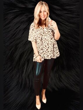 Leopard Print Boho Baby Doll V-neck Top w/ Back Cutout and Magenta/Pink Tassels
